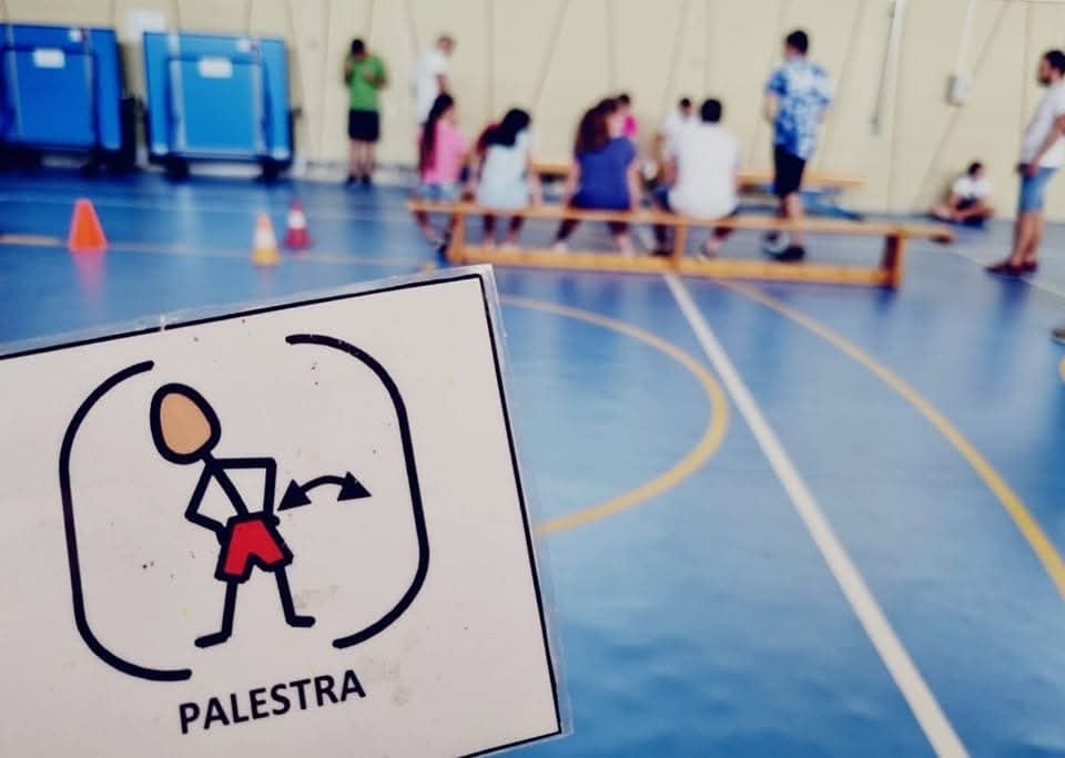 I ragazzi in palestra durante un’attività motoria, con in primo piano il simbolo illustrato «palestra»